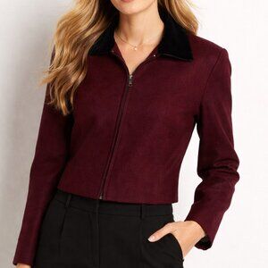 Vintage Finity Maroon Wine Wool Blend Jacket Black Velvet Collar Tailored Boxy